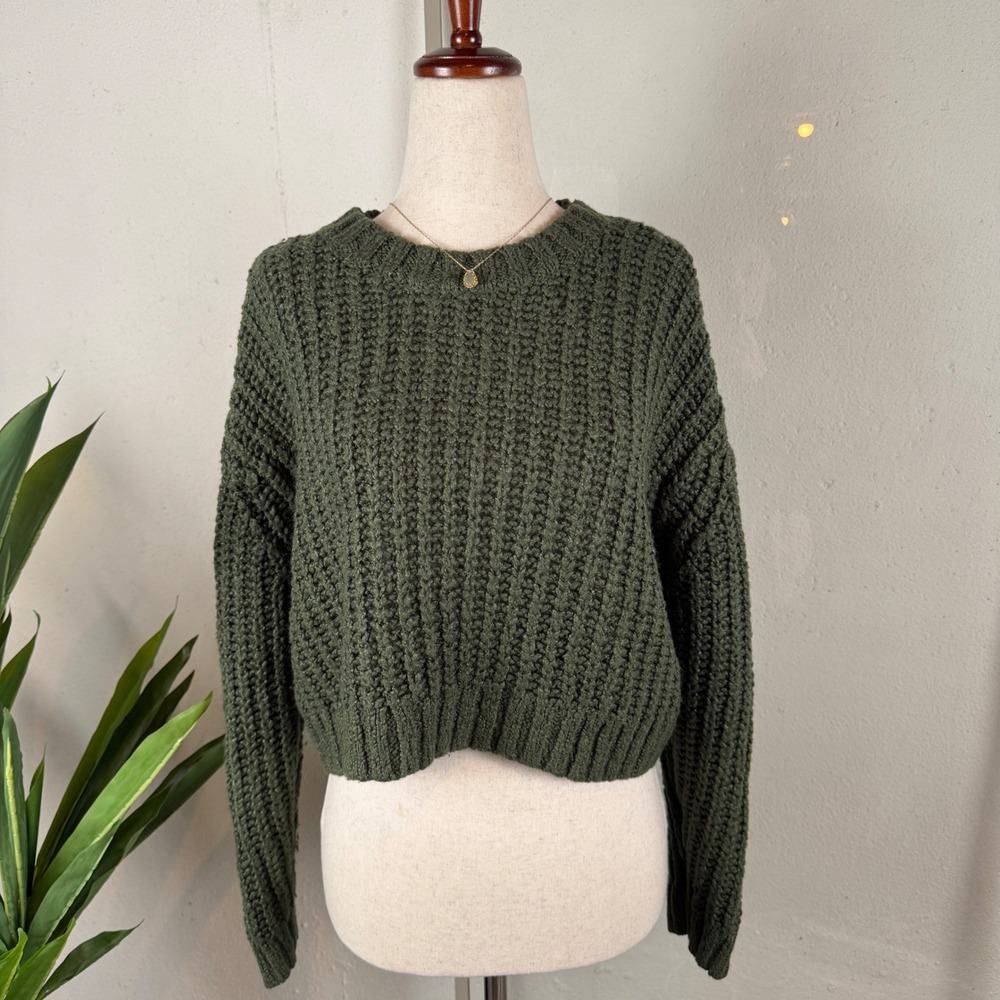 LA Hearts Olive Green Chunky Knit Cropped Crewneck Sweater Women Small